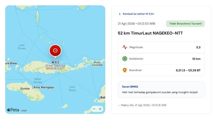 Gempa Dangkal M 5,2 Kembali Guncang Flores, BMKG: Tidak Berpotensi Tsunami