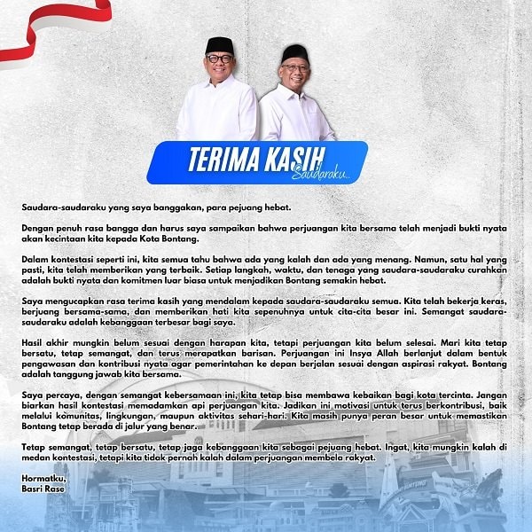 Pernyataan Resmi Basri Rase usai Pilkada Bontang 2024