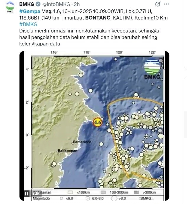 Gempa Magnitudo 4,6 Guncang Bontang, Tak Berpotensi Tsunami