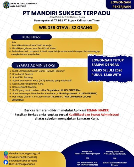 Proyek TA Pupuk Kaltim di Bontang Butuh 32 Welder, Simak Syarat Loker Disini