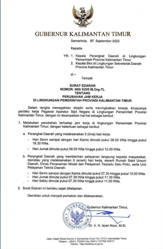 Jam Kerja PNS Pemprov Kaltim Mulai Berubah Hari Ini, Berikut Jadwal Lengkapnya