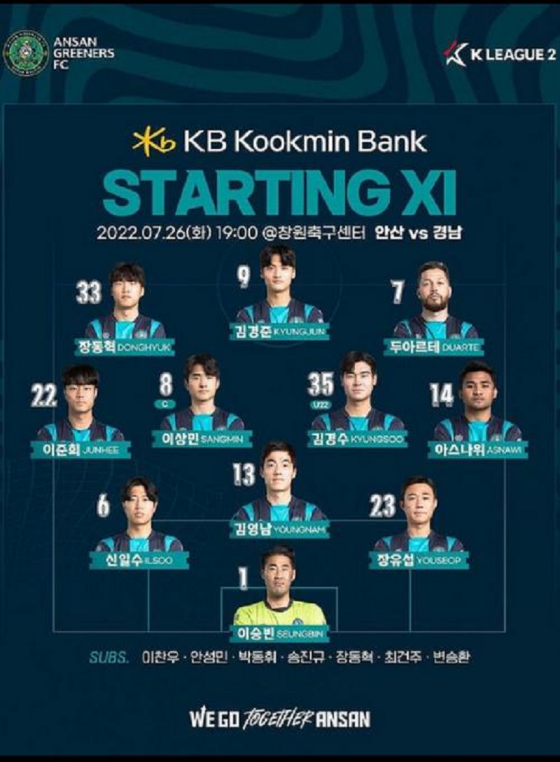 Susunan pemain Ansan Greeners saat melawan Gyeongnam dalam laga lanjutan K-League 2022, di Stadion Changwon, Selasa (26/7/2022) sore WIB.