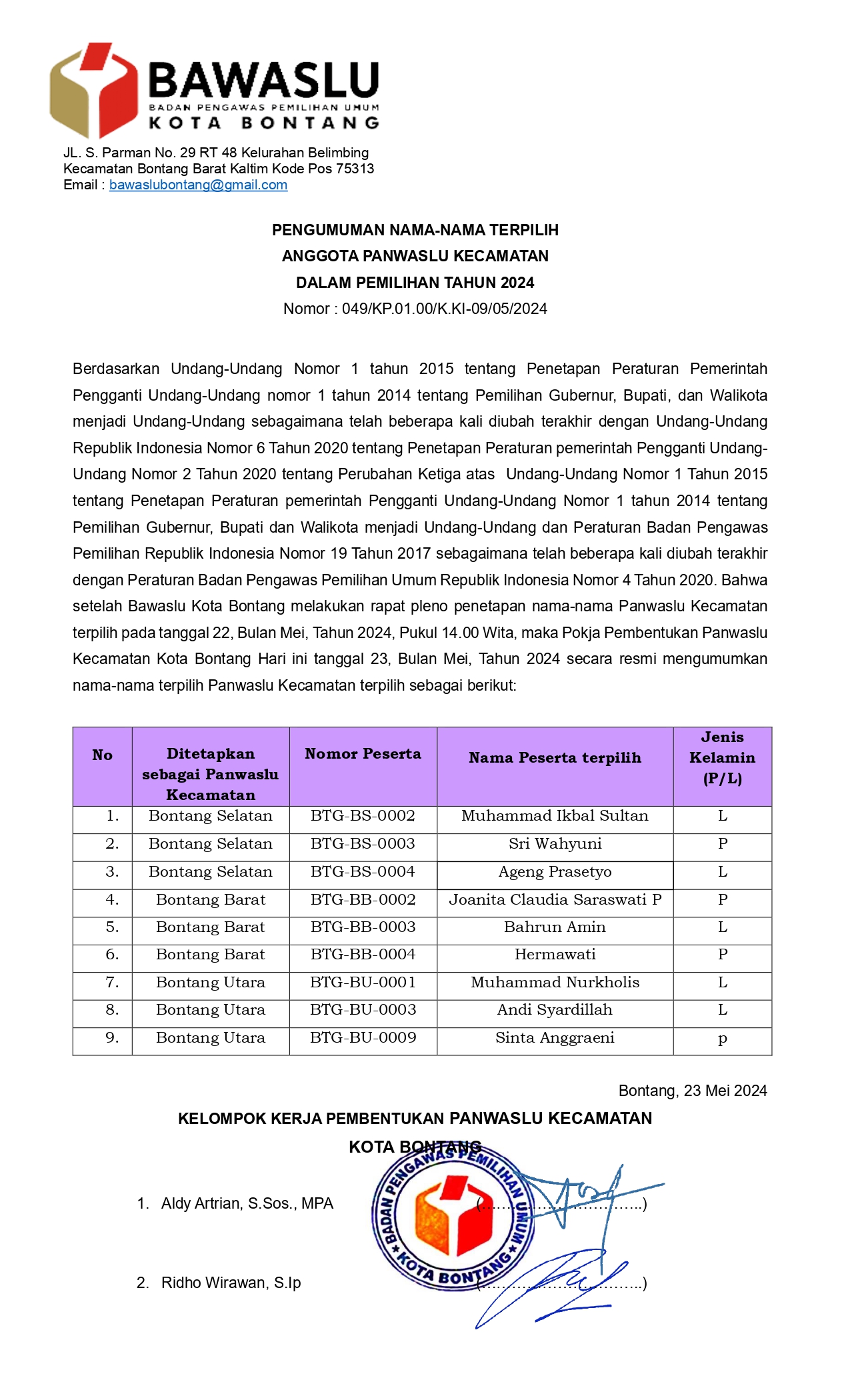 Bawaslu Bontang Tetapkan Panwaslu Kecamatan, Besok Dilantik, Berikut Daftar Namanya