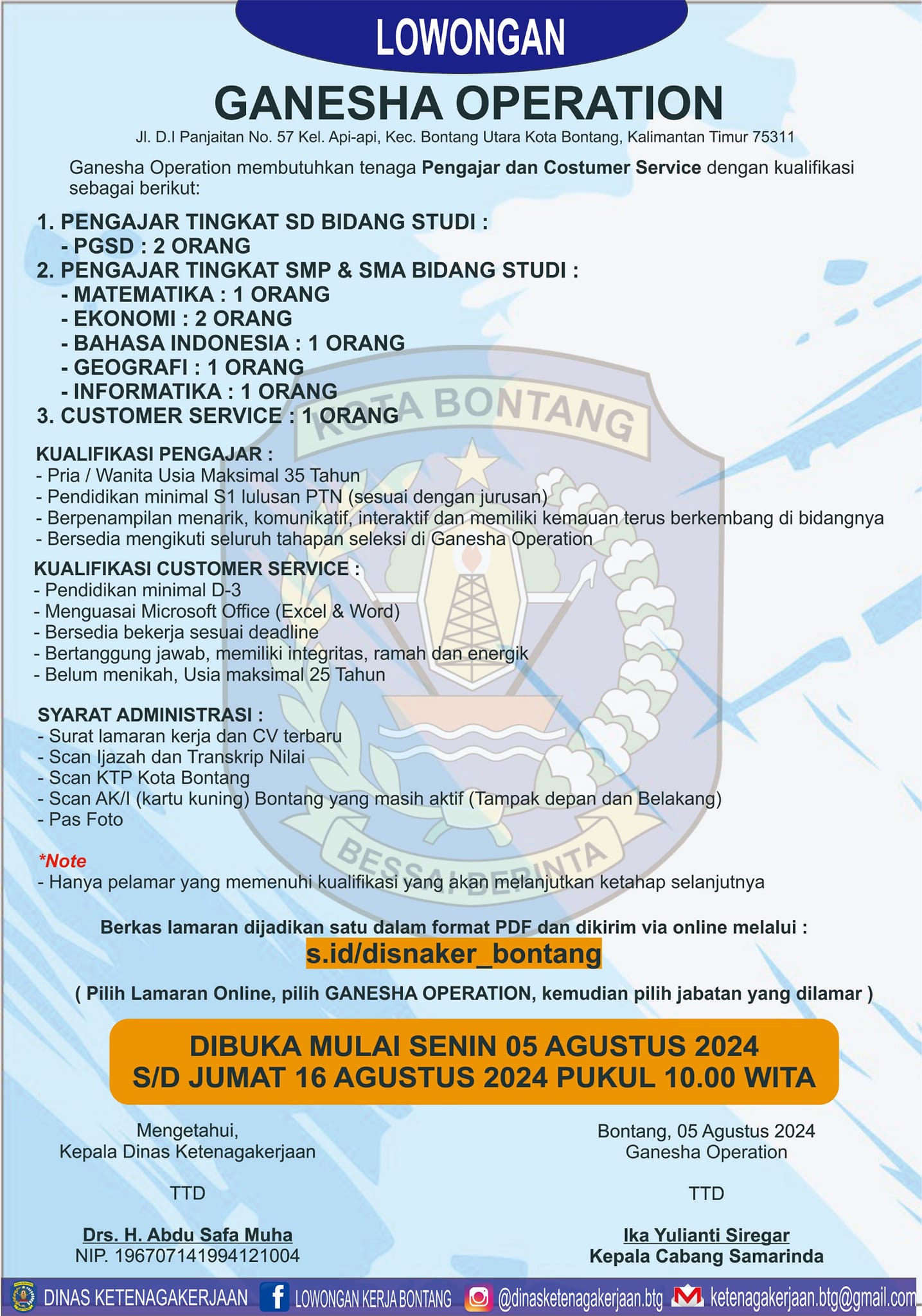 Ganesha Operation Bontang Buka Lowongan Pengajar dan Customer Service, Ini Syarat dan Cara Melamarnya
