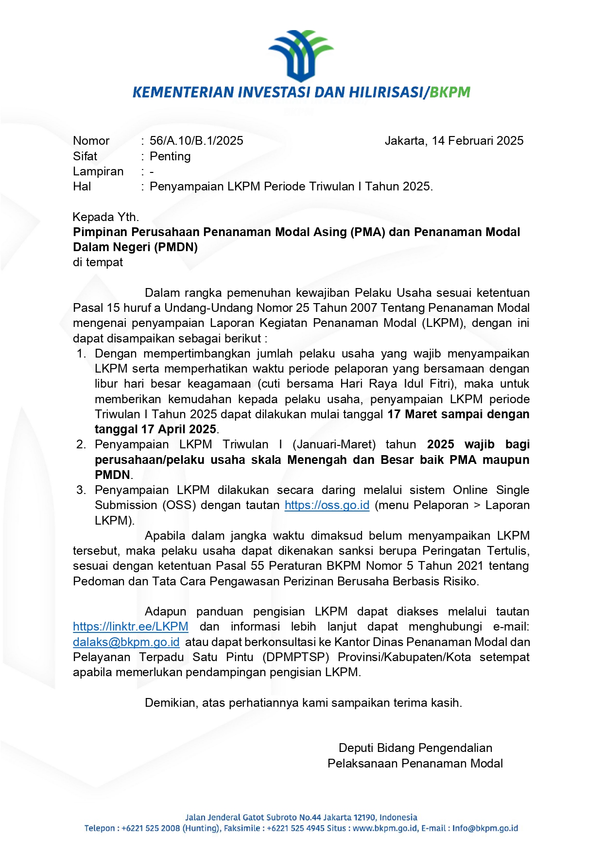 Surat Penyampaian LKPM Triwulan I 2025 page 0001