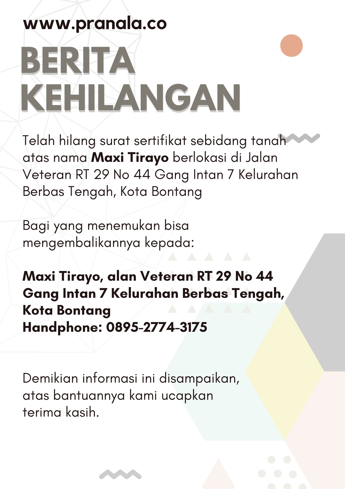 INFO KEHILANGAN