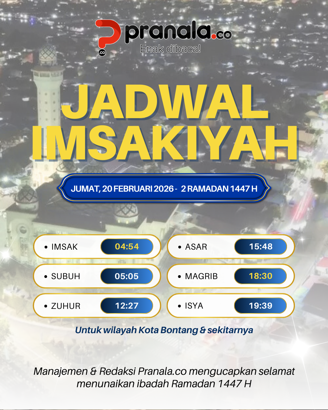 Jadwal Imsakiyah 2 Ramadan 1447 H untuk Wilayah Bontang dan Sekitarnya